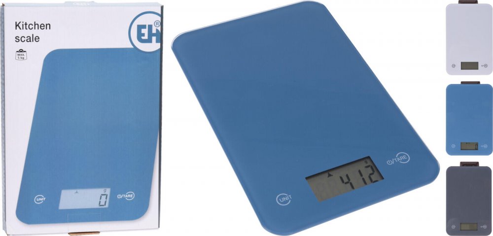 váha kuchynská plochá 5kg digitálne, tvrz.sklo, mix farieb