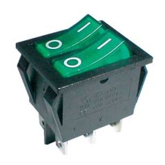 Prepínač kolískový 2x (2pol./3pin) ON-OFF 250V/15A pros. zelený