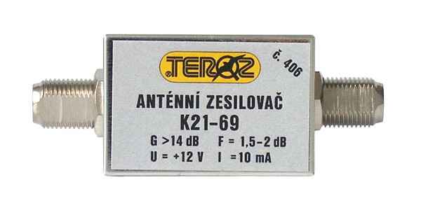 Anténny zosilňovač Teroz 406X, nízkošumový, UHF, G14dB, F1, 5dB, U98dB?V, FF