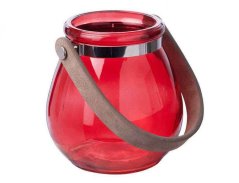 Váza BELLY skleněná s koženým uchem 11x11x11cm červená