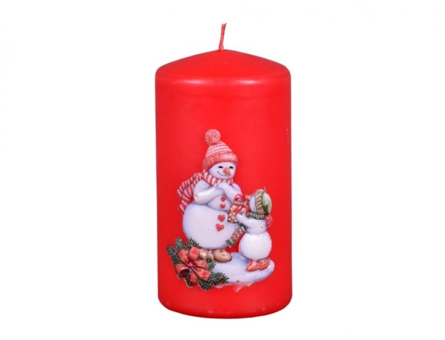 Svíčka SNĚHULÁCI VÁLEC vánoční d6x10cm červená