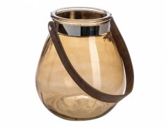 Váza BELLY sklenená s koženým uchom 16x15x15cm tmavo hnedá